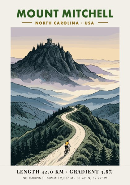 Poster of a cyclist climbing Mount Mitchell with a mountain observatory in the background.
