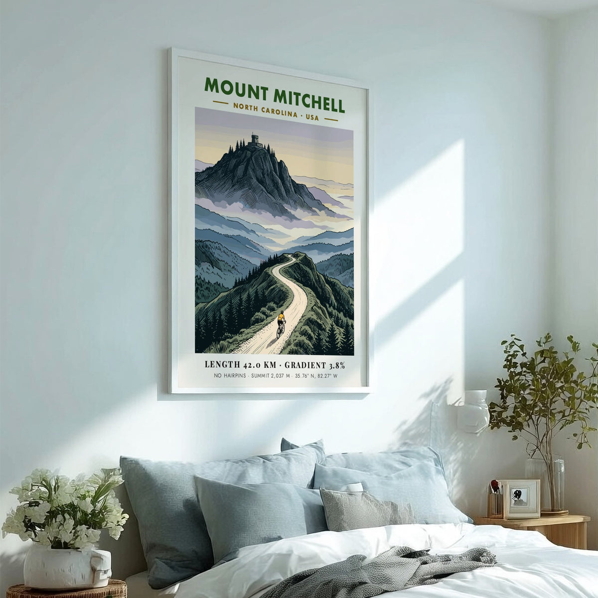 Poster of a cyclist climbing Mount Mitchell with a mountain observatory in the background.