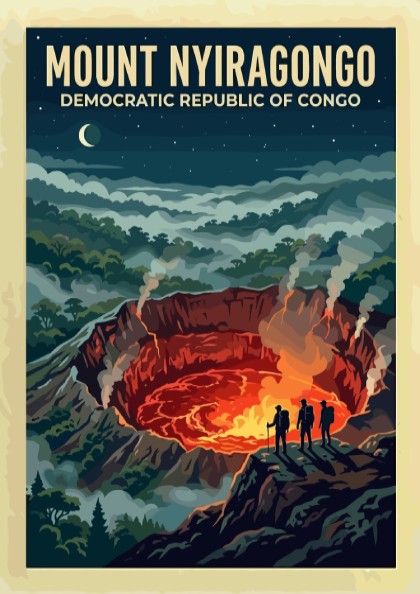 Travel poster of Mount Nyiragongo in the Congo featuring a glowing volcanic crater