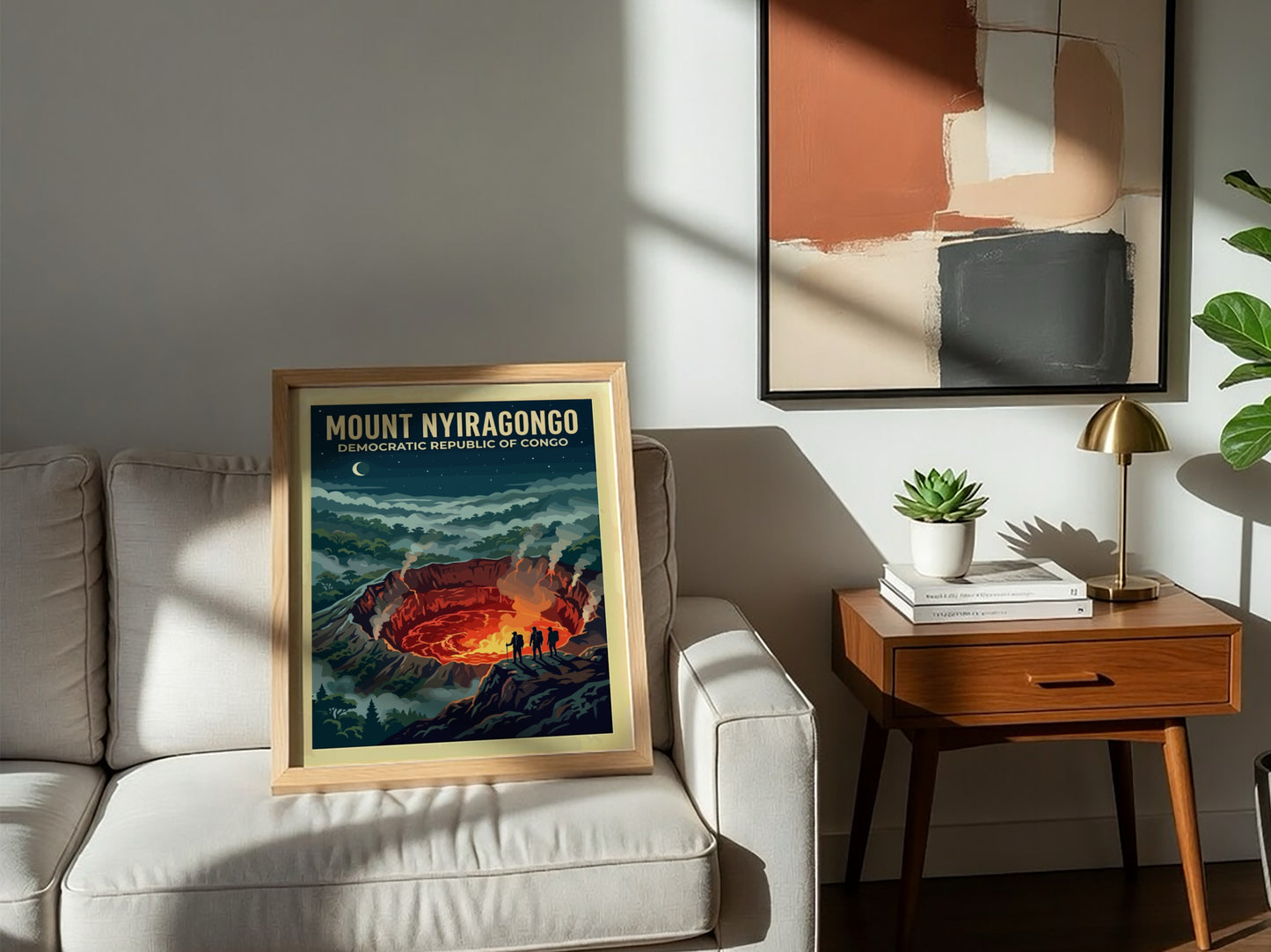Travel poster of Mount Nyiragongo in the Congo featuring a glowing volcanic crater