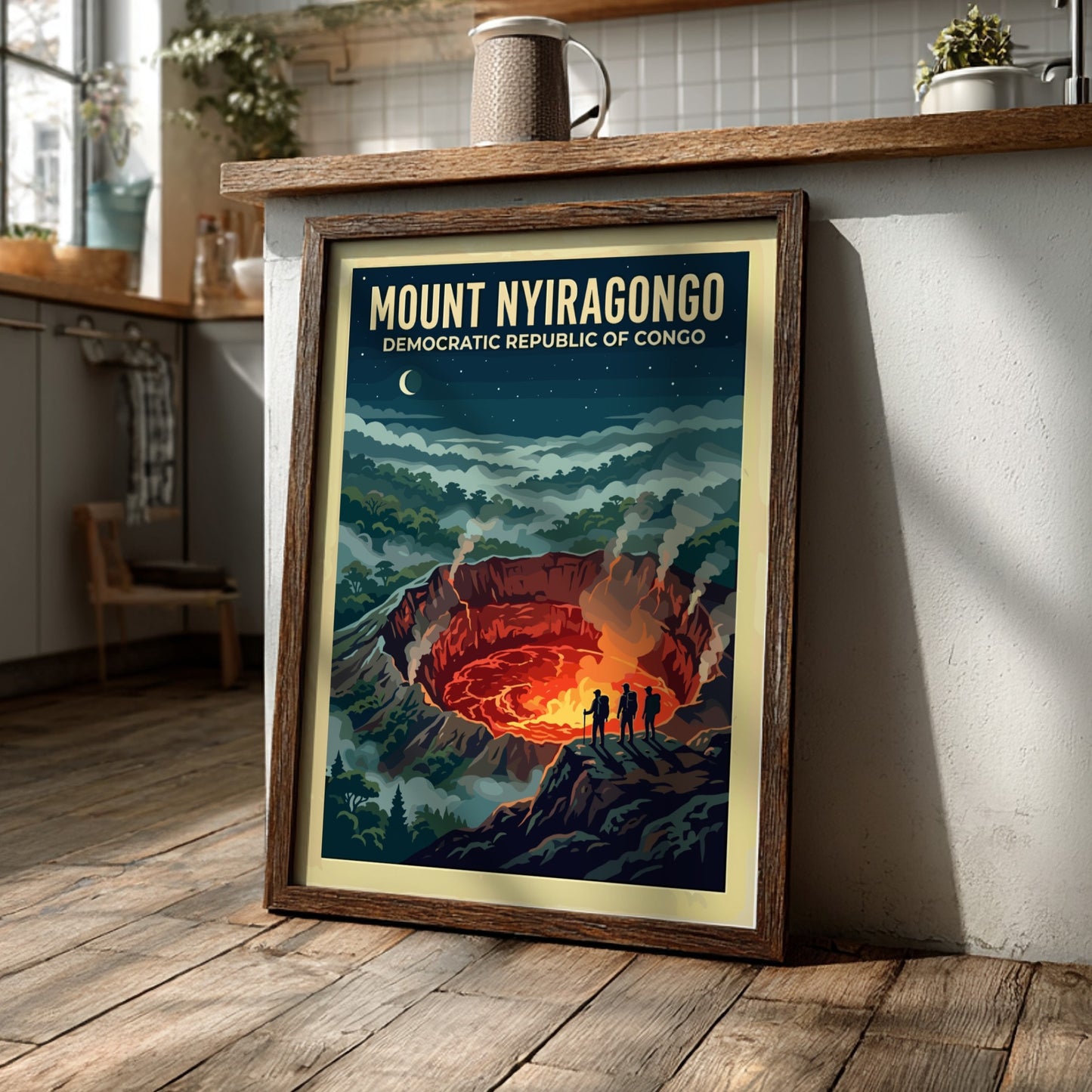 Travel poster of Mount Nyiragongo in the Congo featuring a glowing volcanic crater
