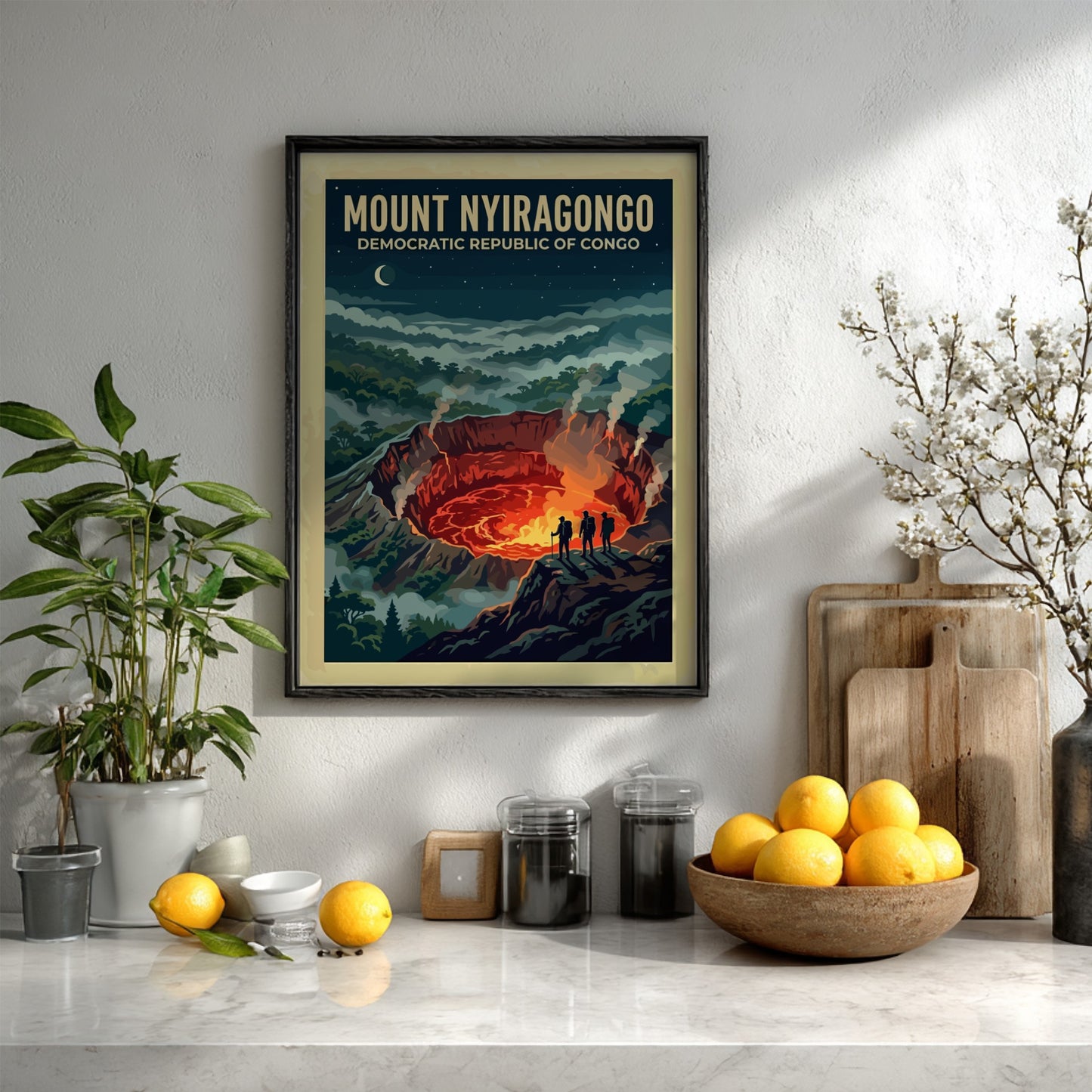Travel poster of Mount Nyiragongo in the Congo featuring a glowing volcanic crater