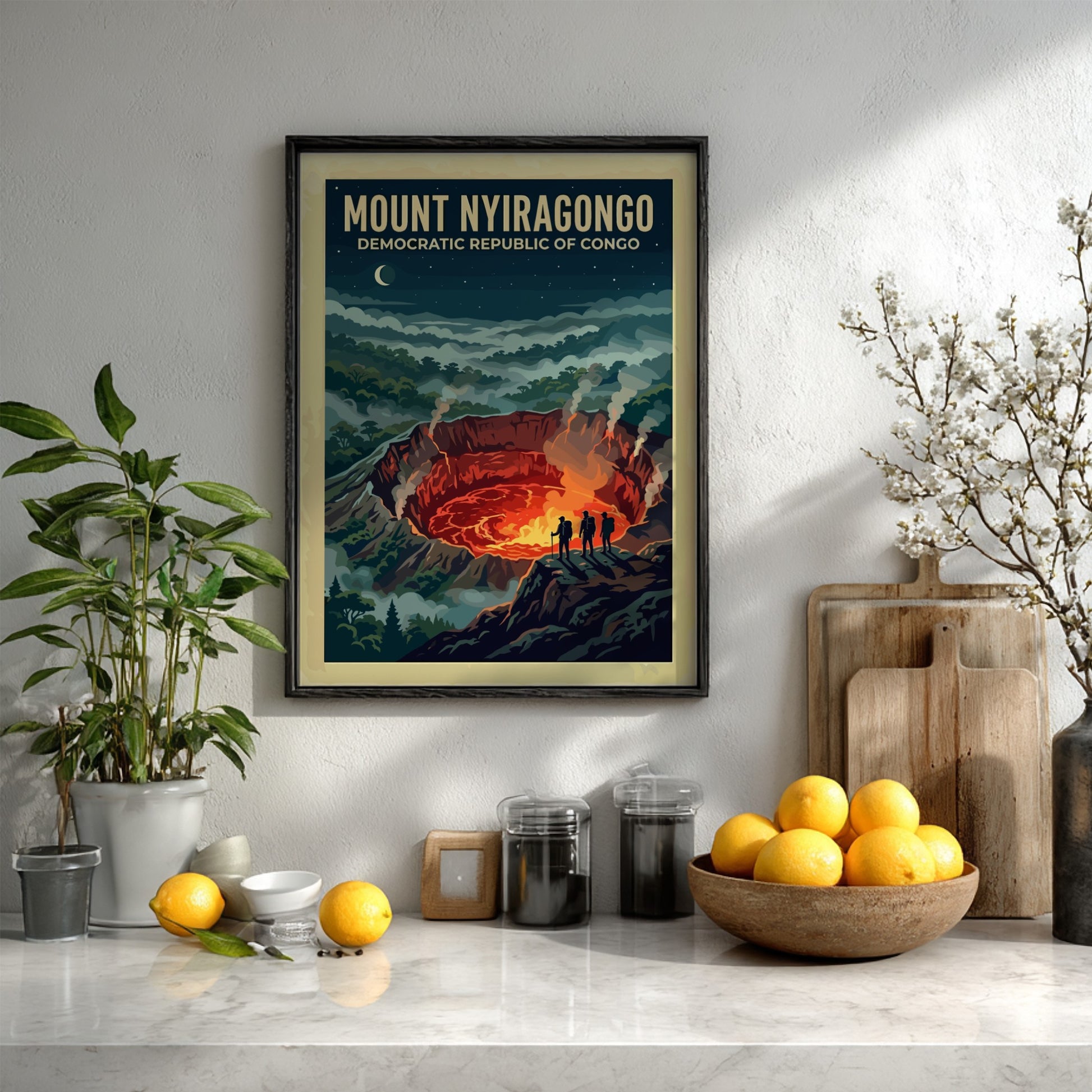 Travel poster of Mount Nyiragongo in the Congo featuring a glowing volcanic crater