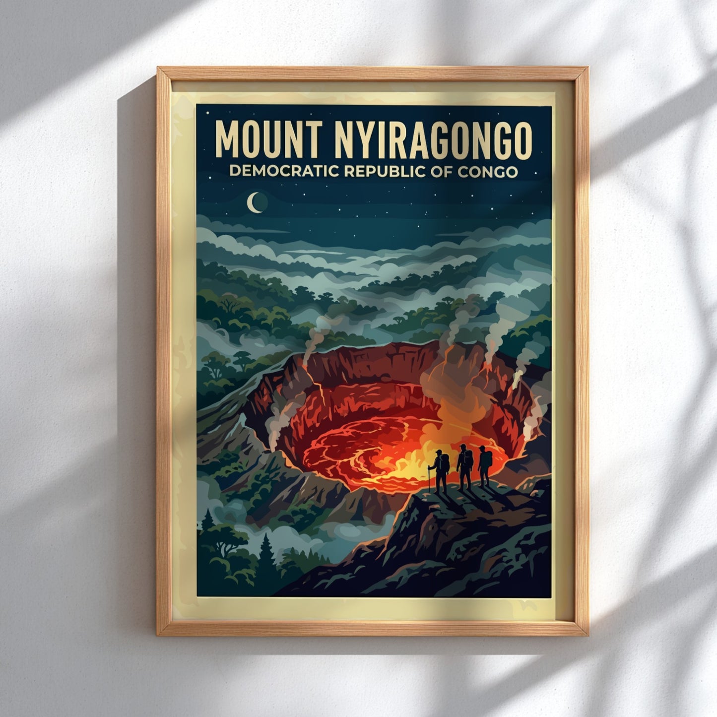 Travel poster of Mount Nyiragongo in the Congo featuring a glowing volcanic crater