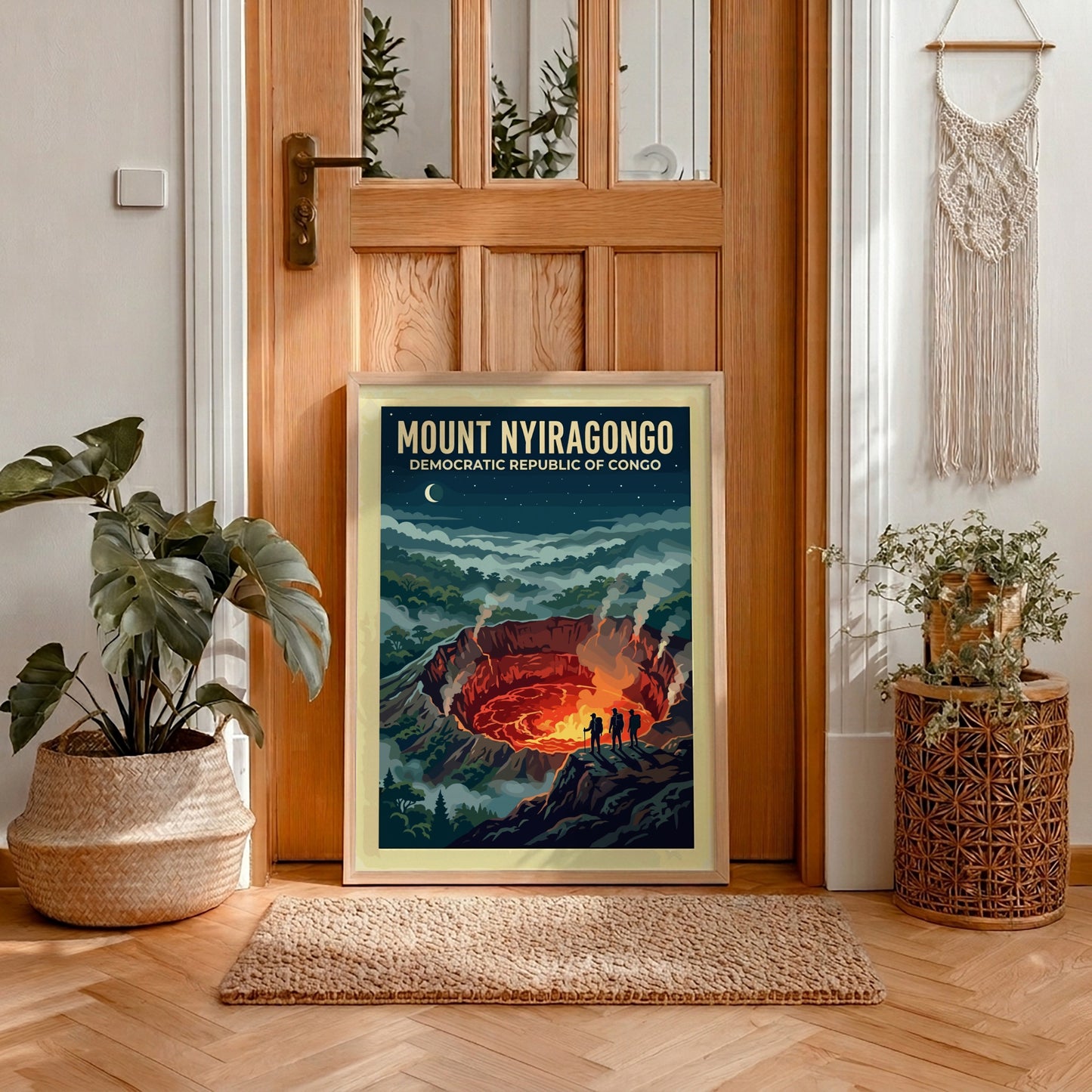 Travel poster of Mount Nyiragongo in the Congo featuring a glowing volcanic crater