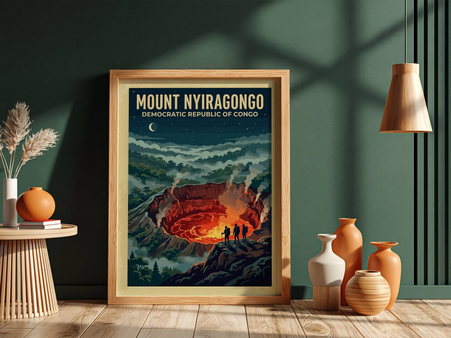 Travel poster of Mount Nyiragongo in the Congo featuring a glowing volcanic crater