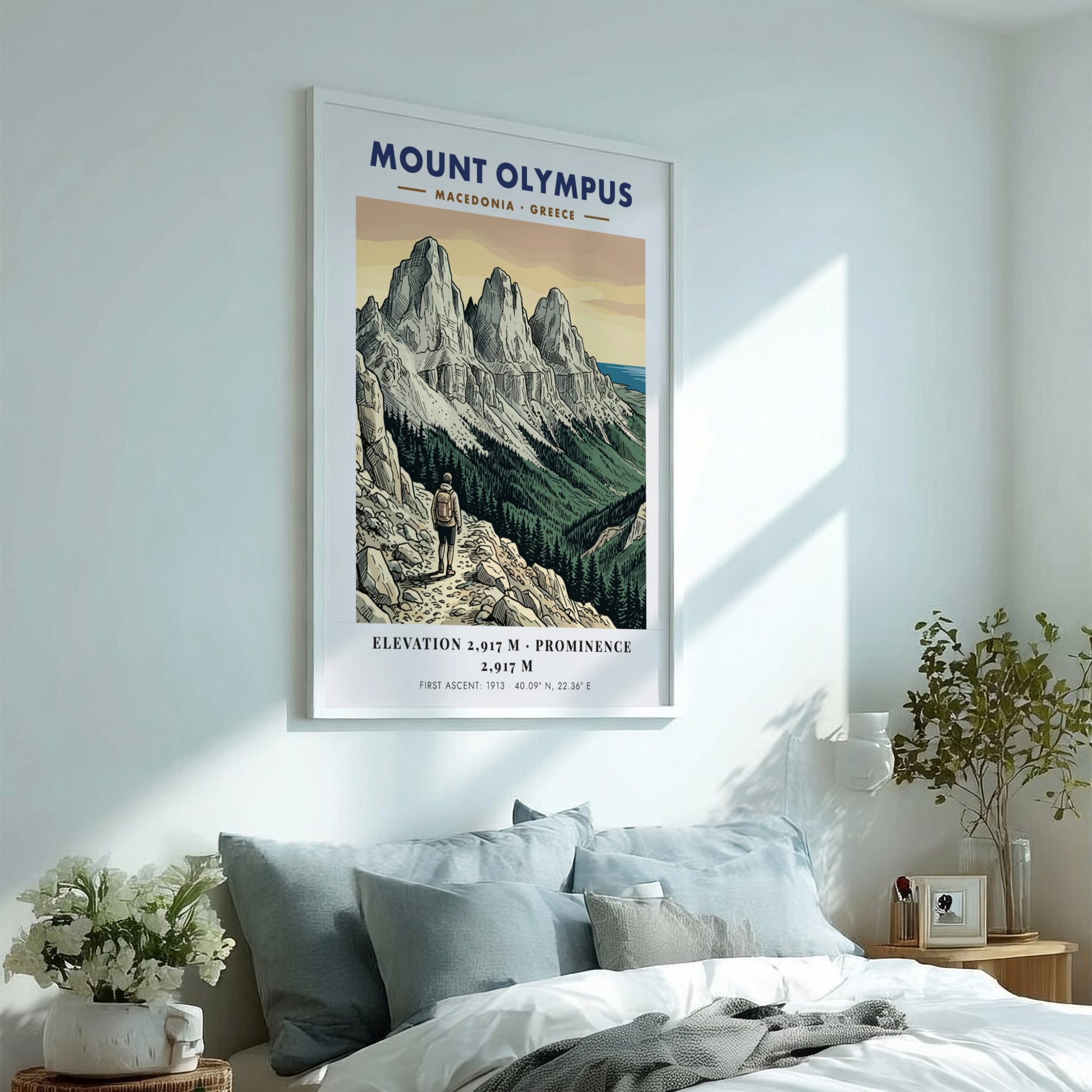 Poster of Mount Olympus in Greece featuring rugged peaks and a lone hiker trekking.