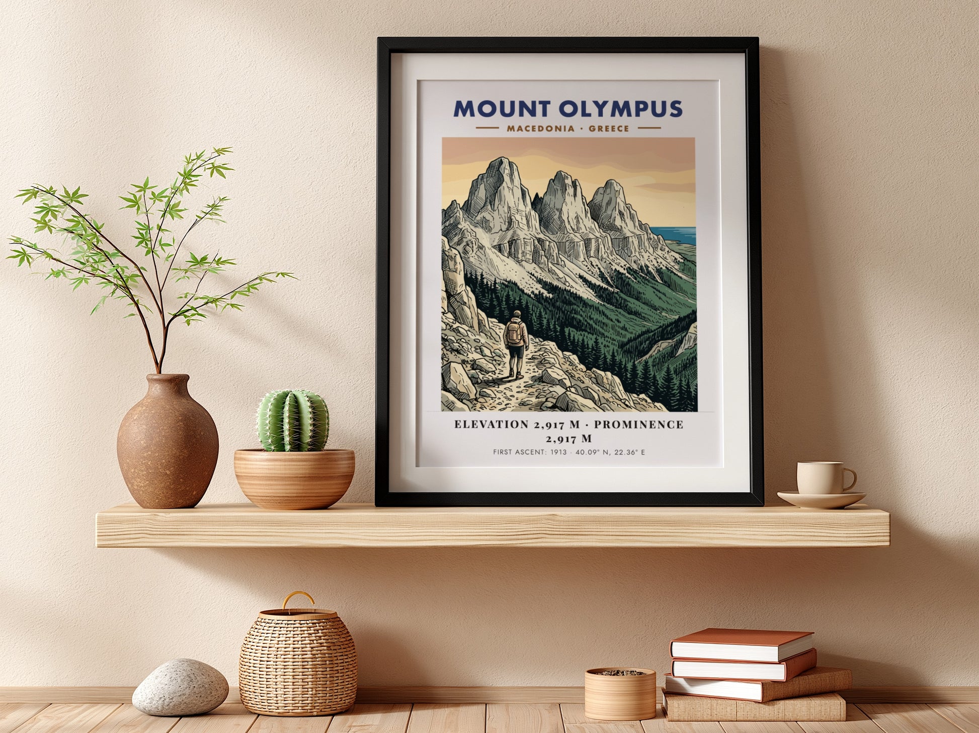 Poster of Mount Olympus in Greece featuring rugged peaks and a lone hiker trekking.