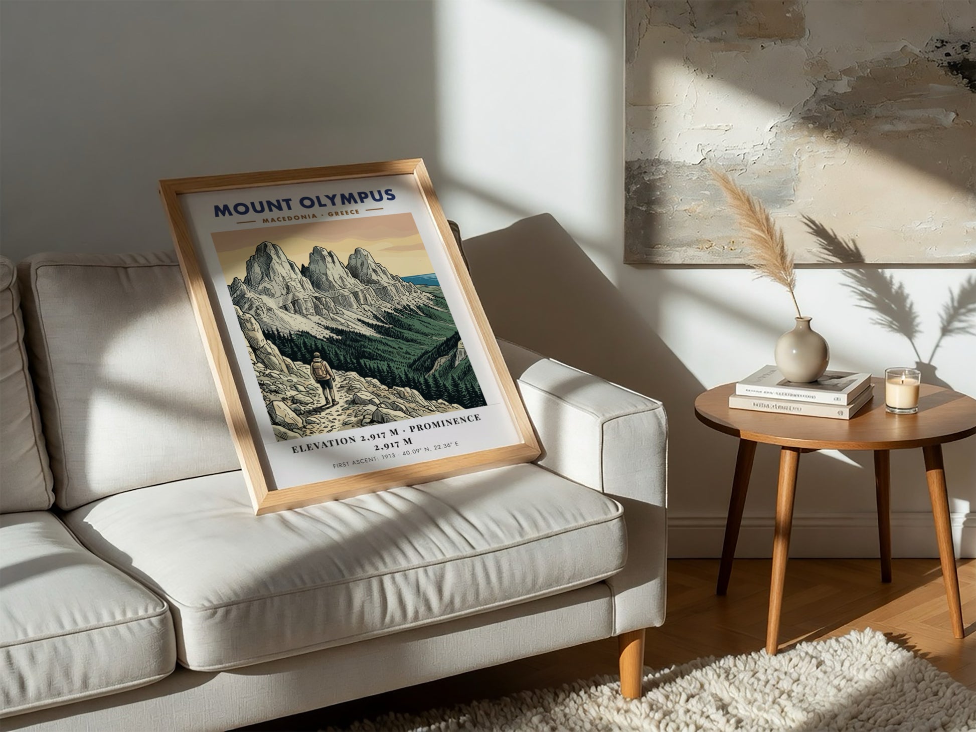 Poster of Mount Olympus in Greece featuring rugged peaks and a lone hiker trekking.