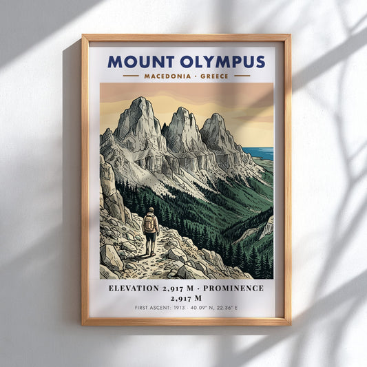 Poster of Mount Olympus in Greece featuring rugged peaks and a lone hiker trekking.