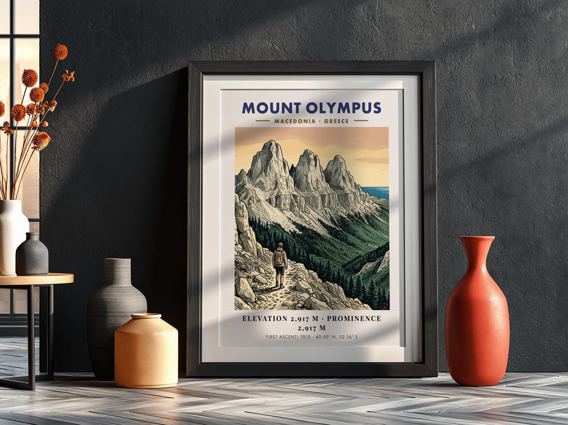 Poster of Mount Olympus in Greece featuring rugged peaks and a lone hiker trekking.