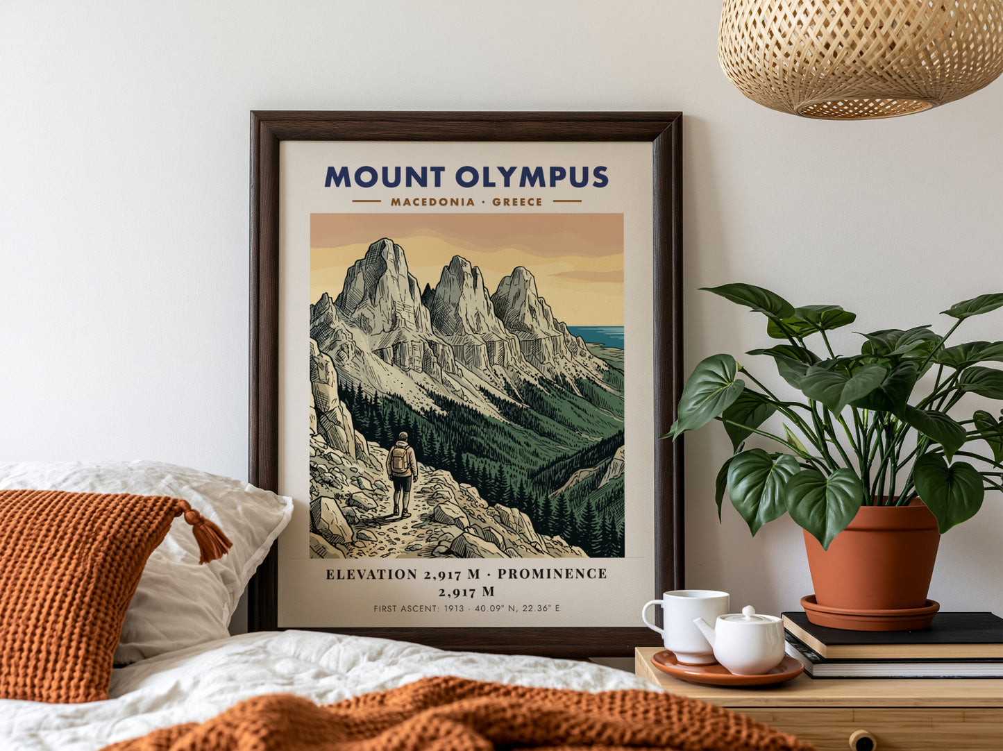 Poster of Mount Olympus in Greece featuring rugged peaks and a lone hiker trekking.