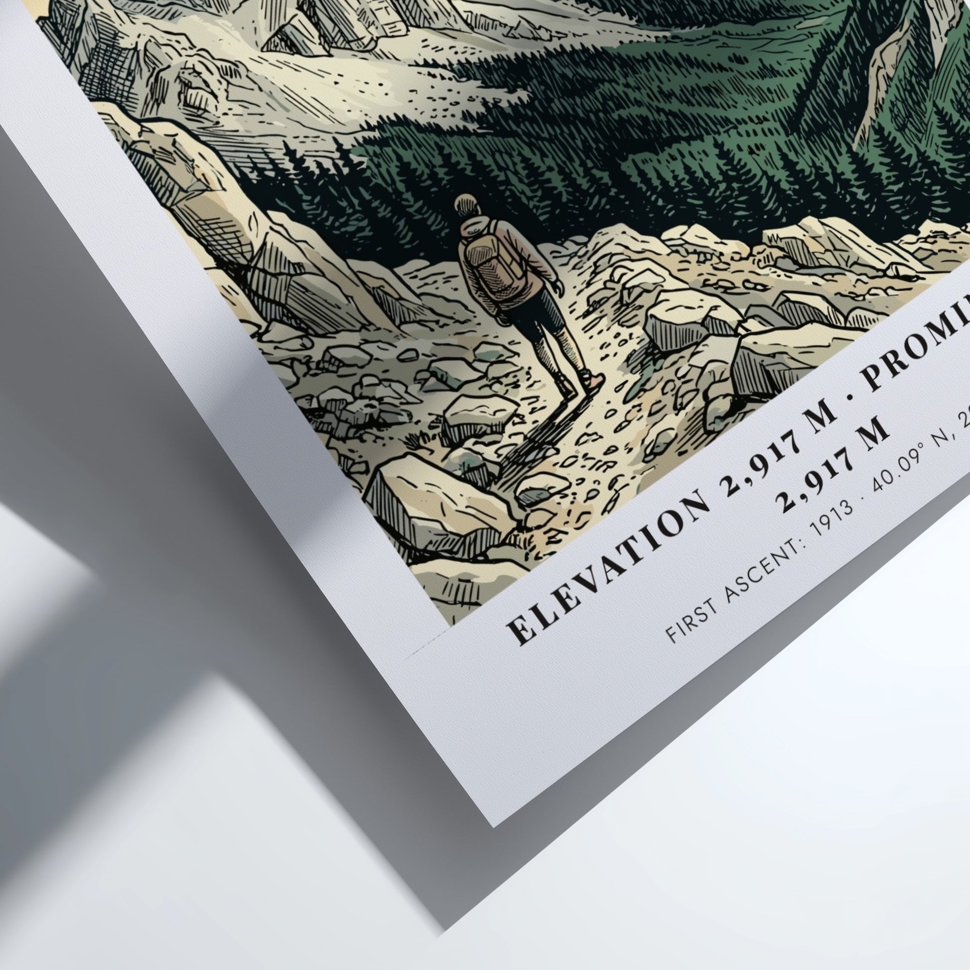 Poster of Mount Olympus in Greece featuring rugged peaks and a lone hiker trekking.