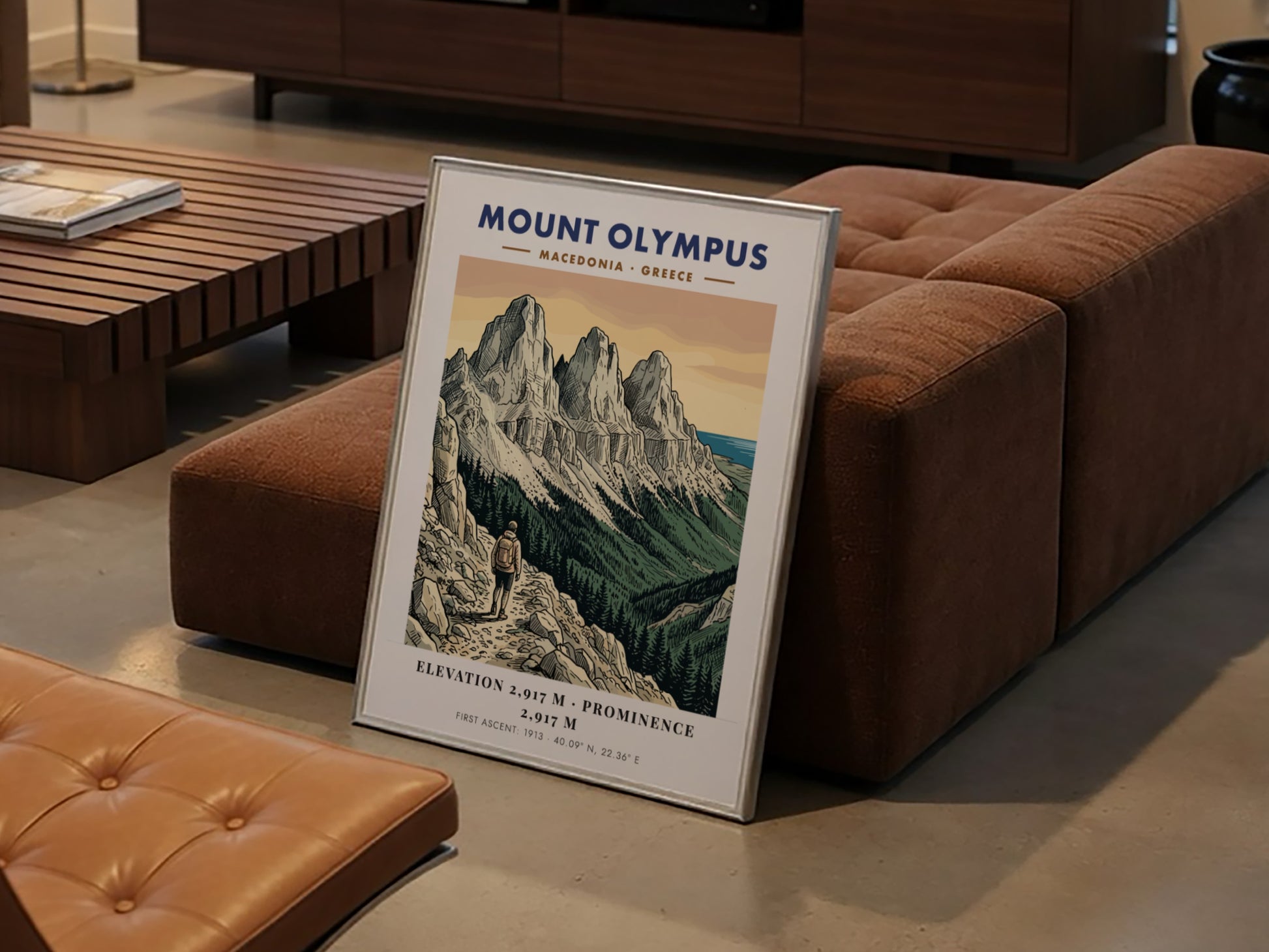 Poster of Mount Olympus in Greece featuring rugged peaks and a lone hiker trekking.