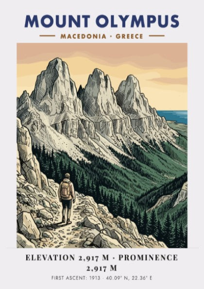 Poster of Mount Olympus in Greece featuring rugged peaks and a lone hiker trekking.