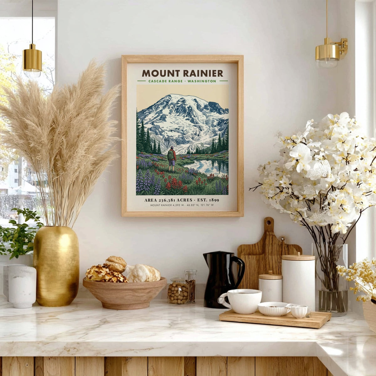 Poster featuring Mount Rainier towering over a meadow of wildflowers and a hiker.