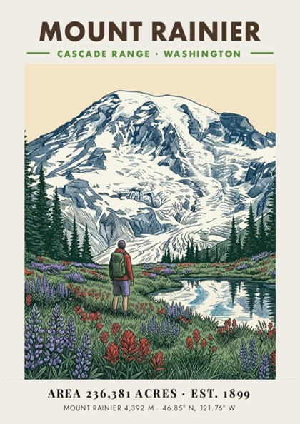 Poster featuring Mount Rainier towering over a meadow of wildflowers and a hiker.