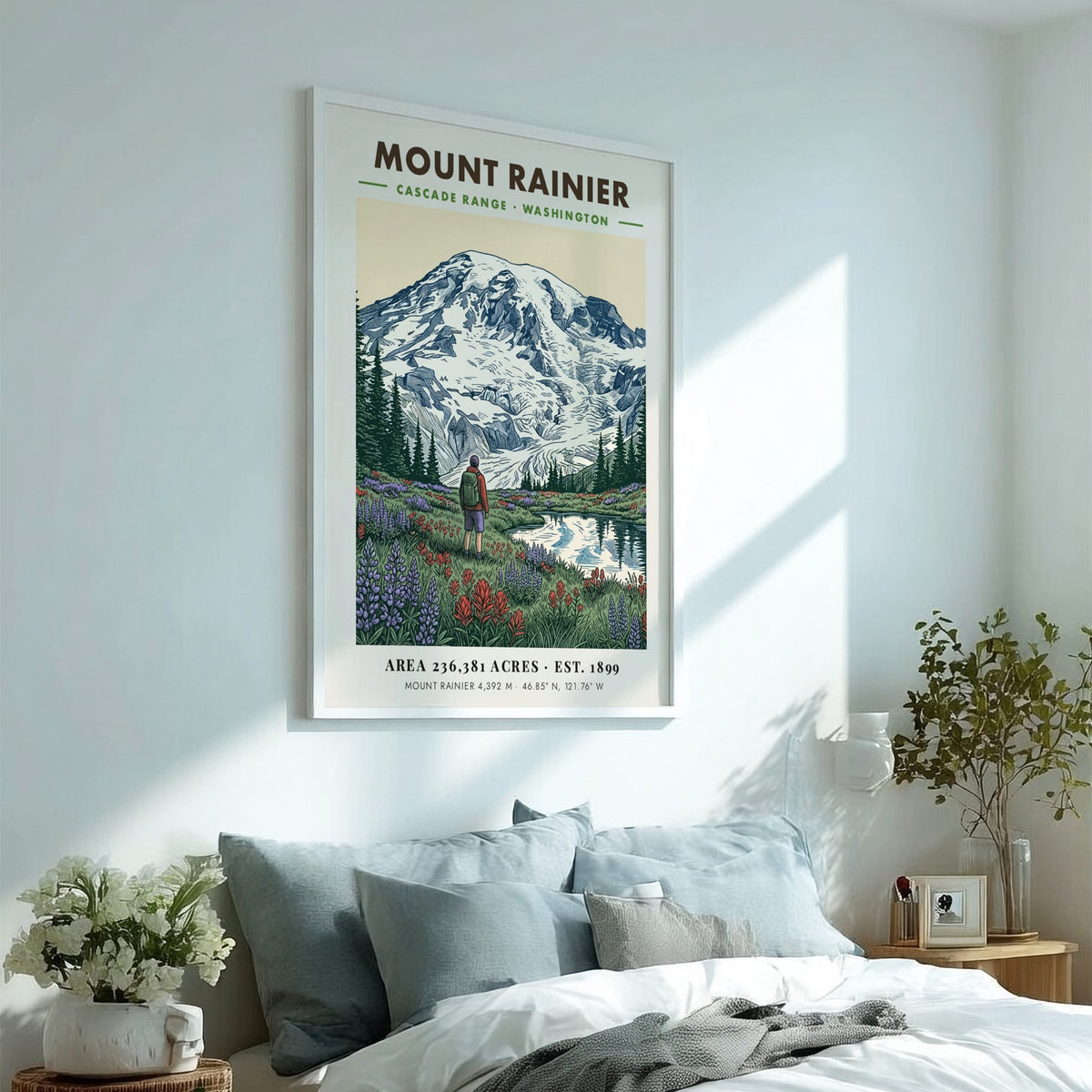Poster featuring Mount Rainier towering over a meadow of wildflowers and a hiker.