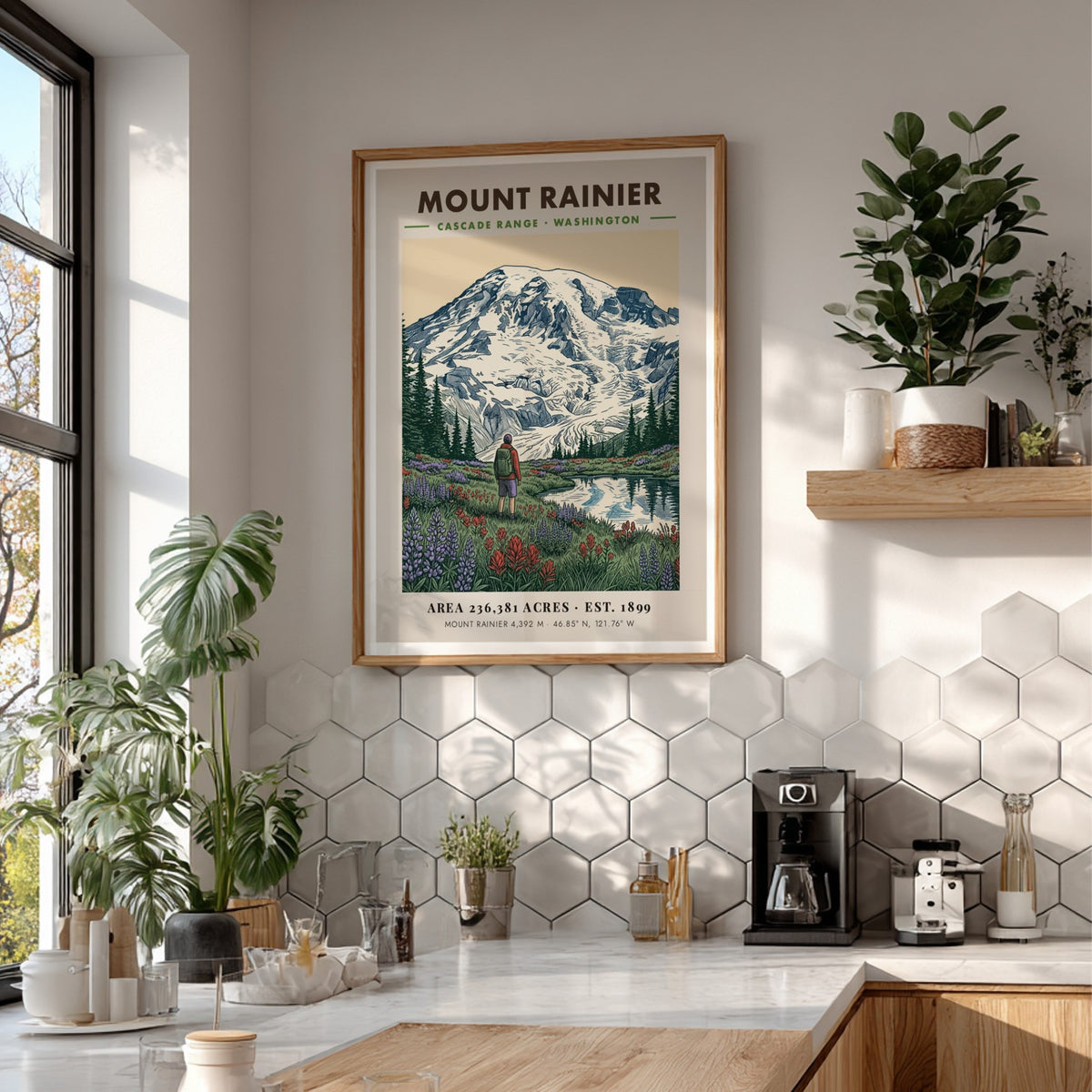 Poster featuring Mount Rainier towering over a meadow of wildflowers and a hiker.