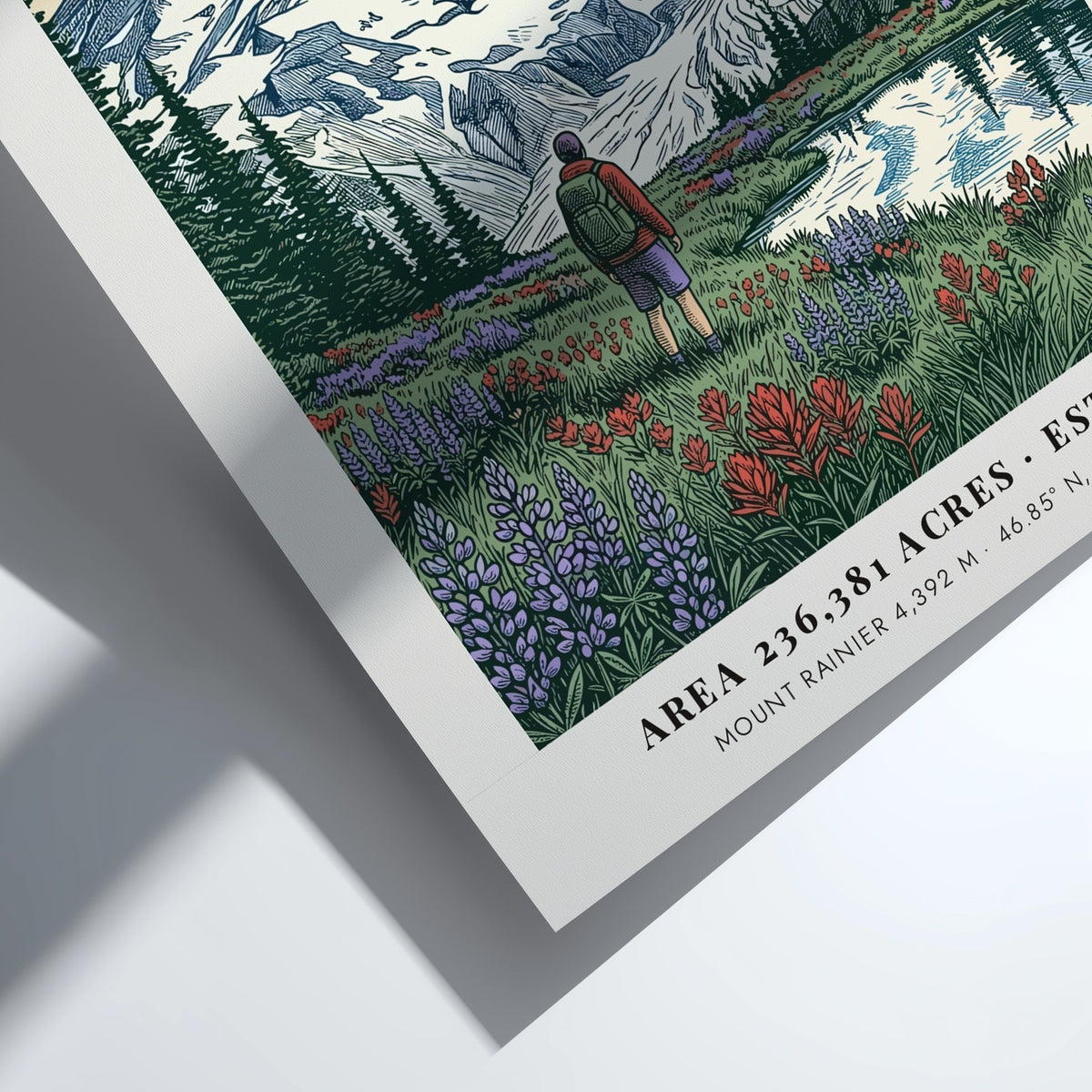 Poster featuring Mount Rainier towering over a meadow of wildflowers and a hiker.