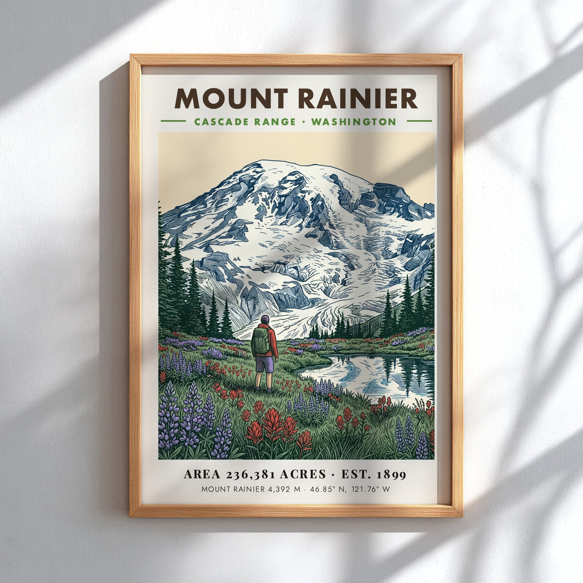 Poster featuring Mount Rainier towering over a meadow of wildflowers and a hiker.