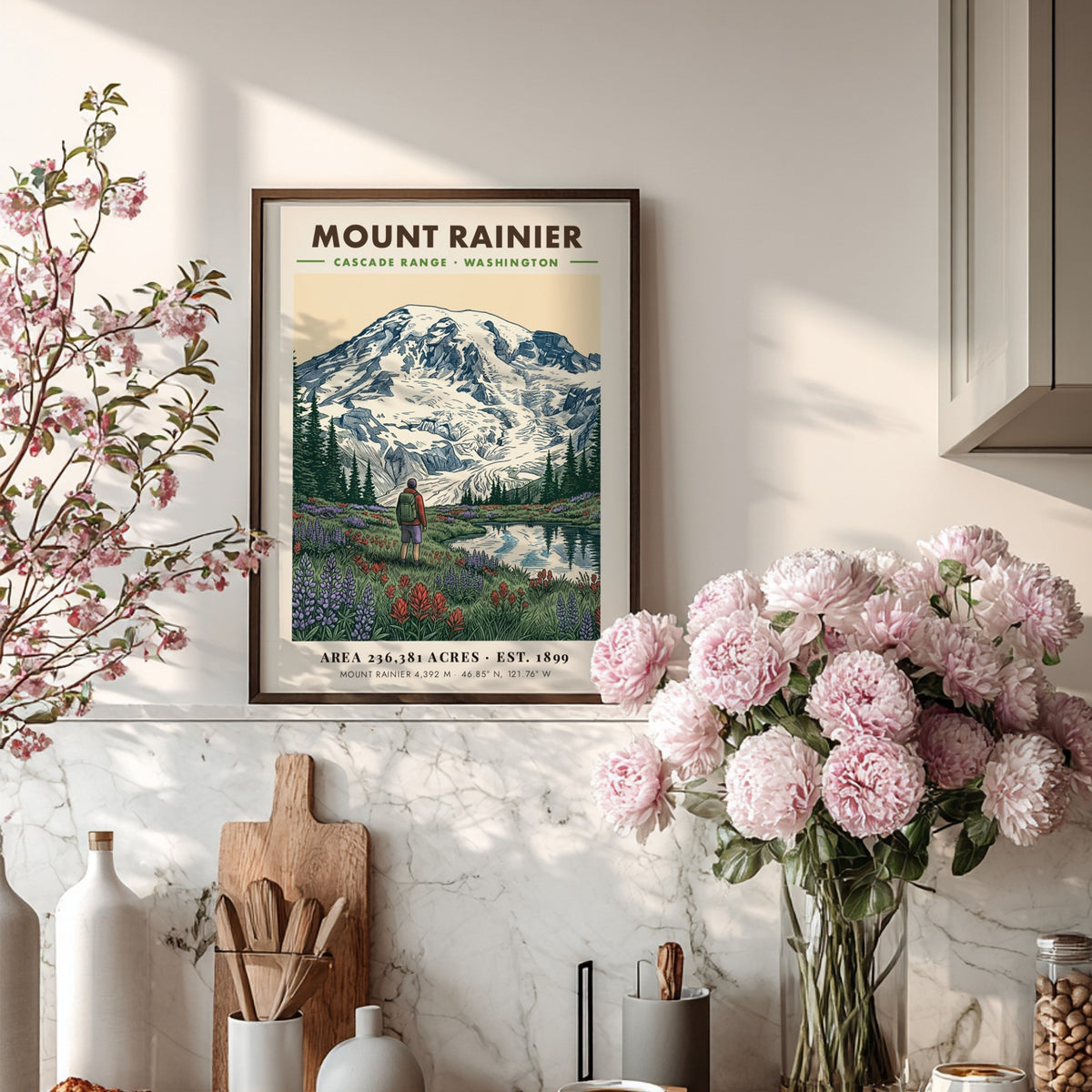 Poster featuring Mount Rainier towering over a meadow of wildflowers and a hiker.