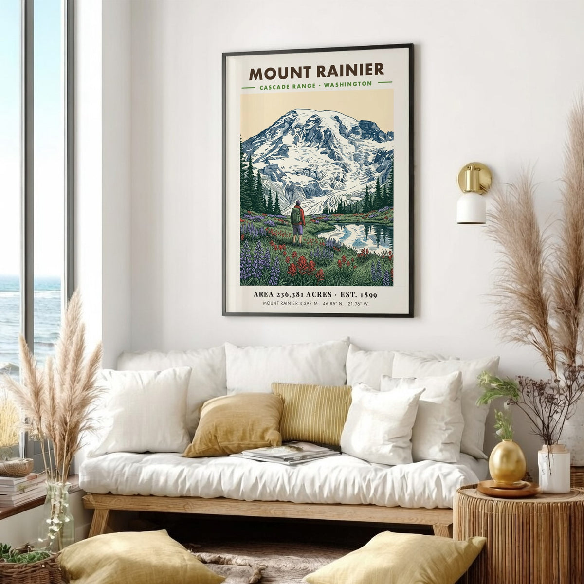 Poster featuring Mount Rainier towering over a meadow of wildflowers and a hiker.