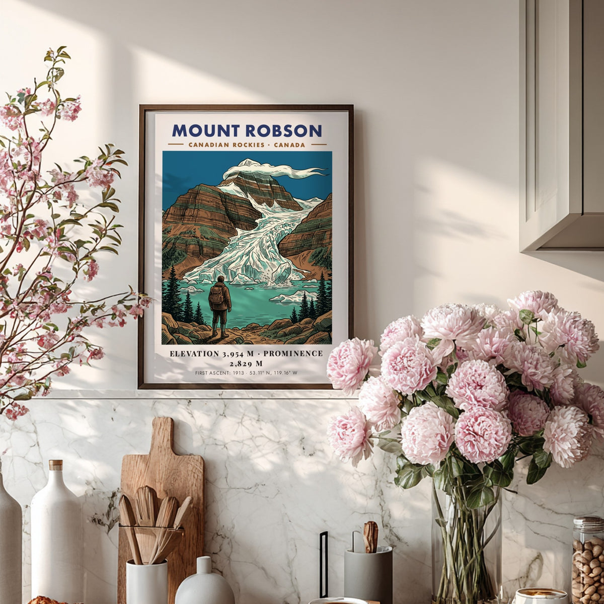 Poster featuring Mount Robson and a hiker by a glacial lake, Canadian Rockies style.
