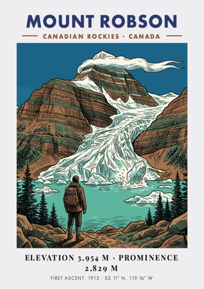 Poster featuring Mount Robson and a hiker by a glacial lake, Canadian Rockies style.