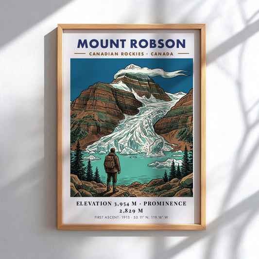 Poster featuring Mount Robson and a hiker by a glacial lake, Canadian Rockies style.