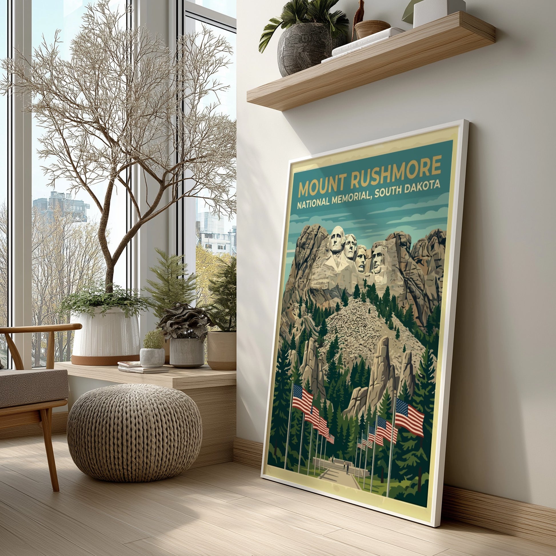 Travel poster of Mount Rushmore National Memorial with American flags and pine trees.