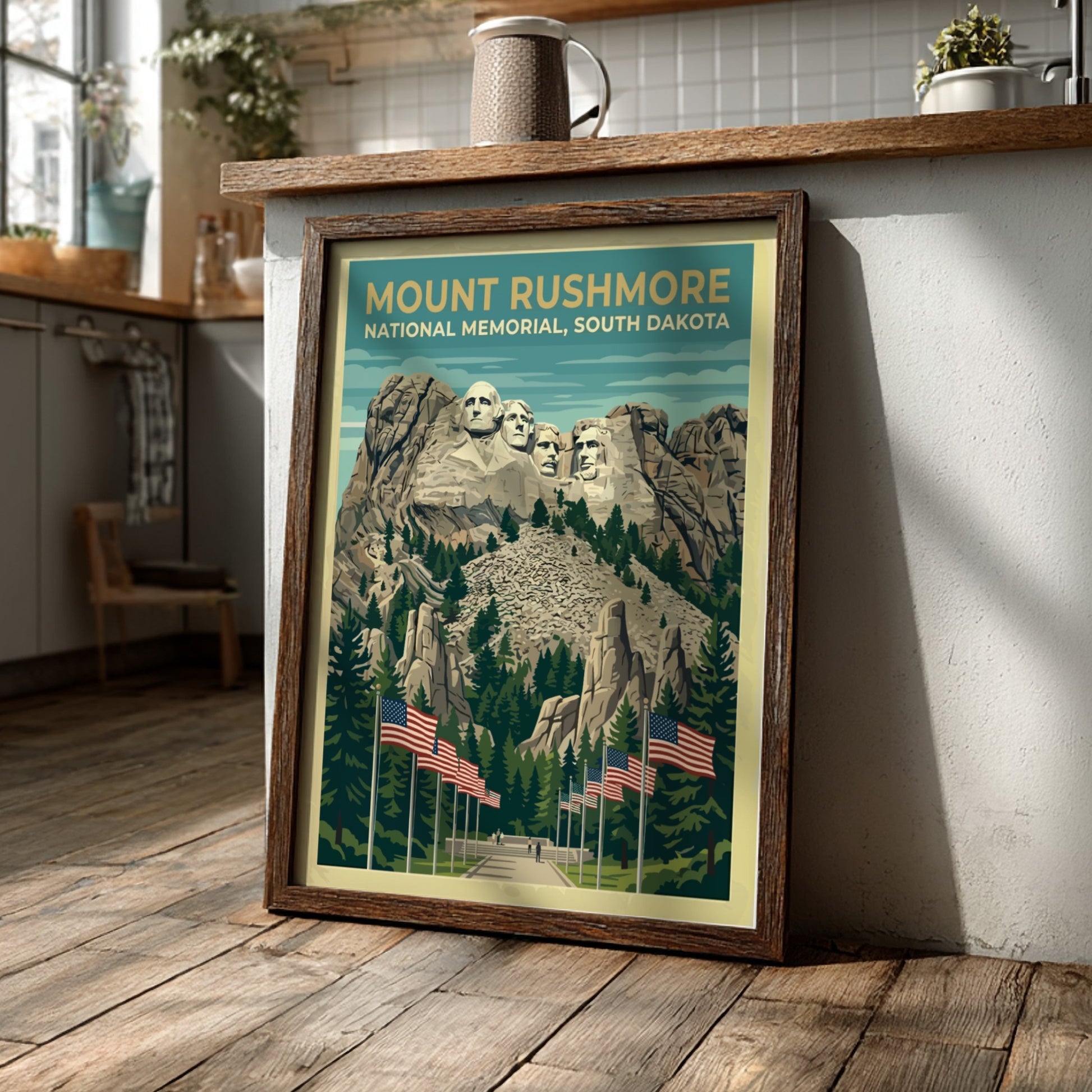 Travel poster of Mount Rushmore National Memorial with American flags and pine trees.