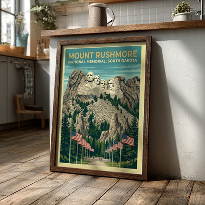 Travel poster of Mount Rushmore National Memorial with American flags and pine trees.