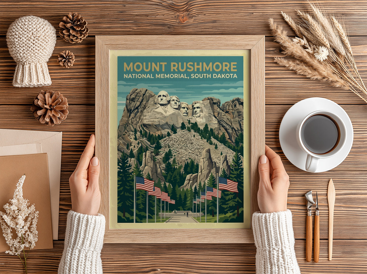 Travel poster of Mount Rushmore National Memorial with American flags and pine trees.