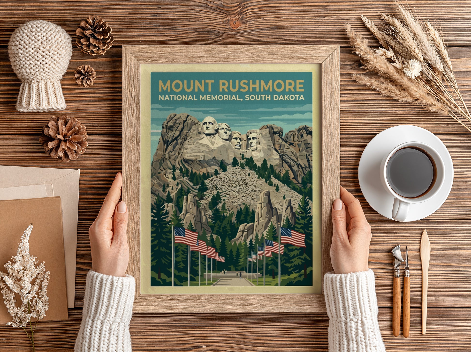 Travel poster of Mount Rushmore National Memorial with American flags and pine trees.