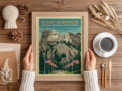Travel poster of Mount Rushmore National Memorial with American flags and pine trees.