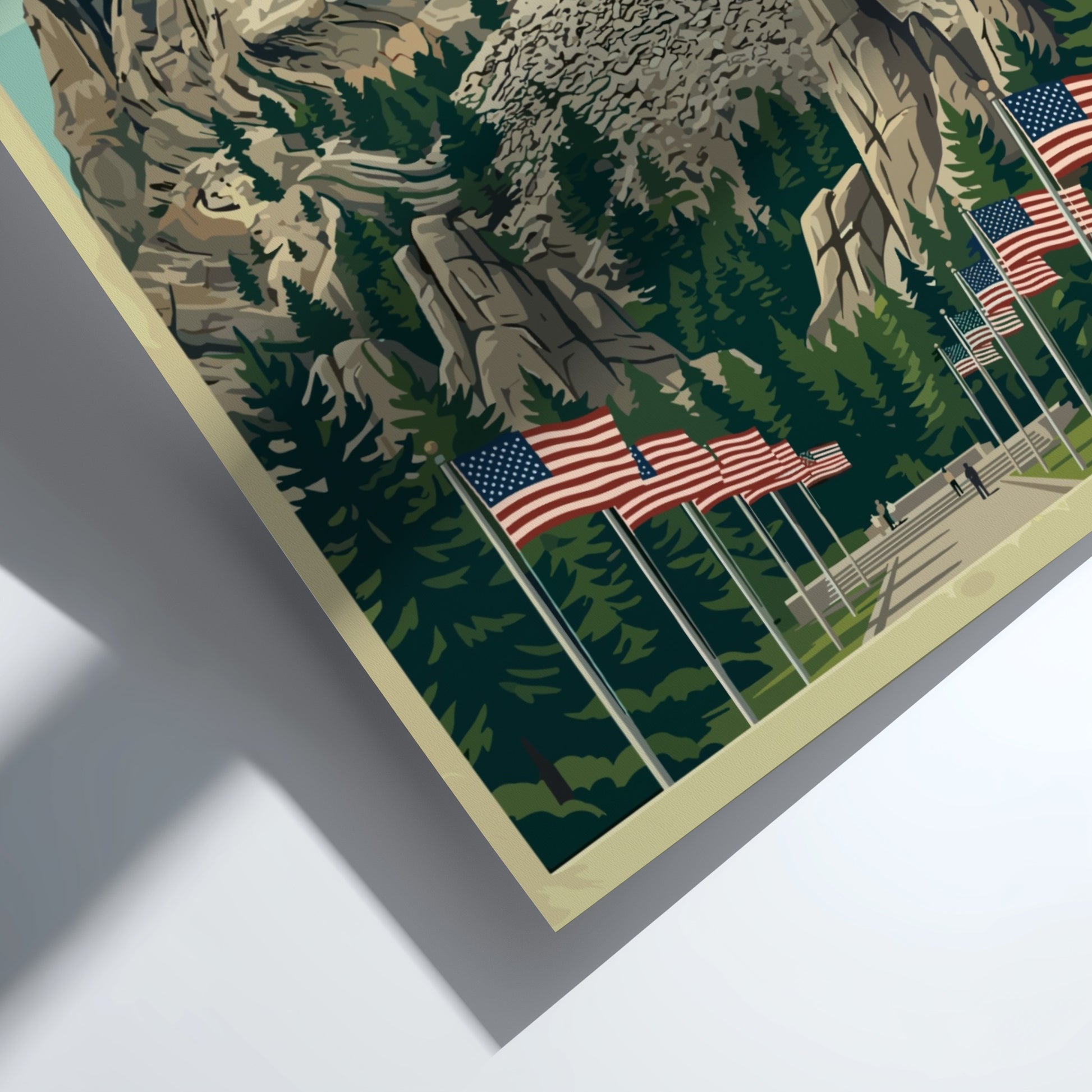Travel poster of Mount Rushmore National Memorial with American flags and pine trees.