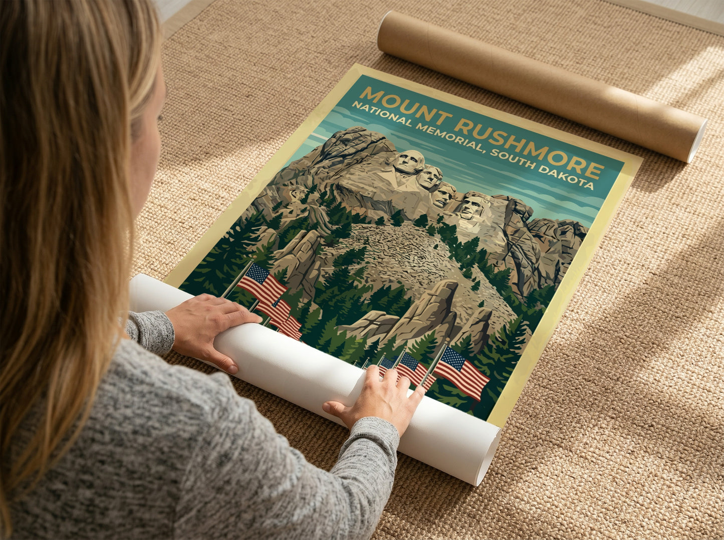 Travel poster of Mount Rushmore National Memorial with American flags and pine trees.