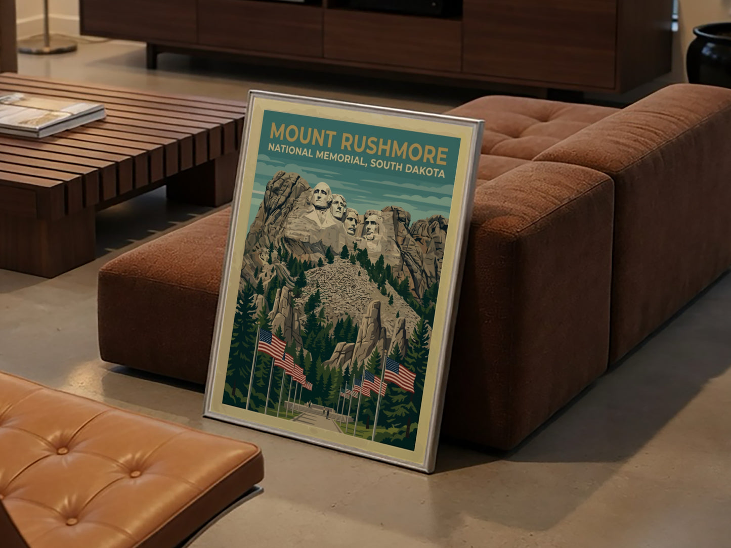 Travel poster of Mount Rushmore National Memorial with American flags and pine trees.