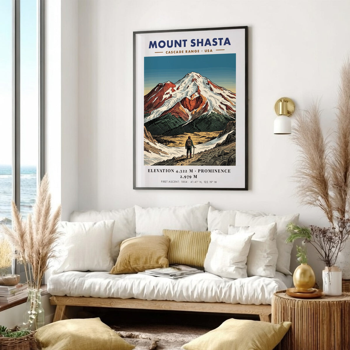 Poster featuring a climber looking at Mount Shasta with snowy peaks and forests.