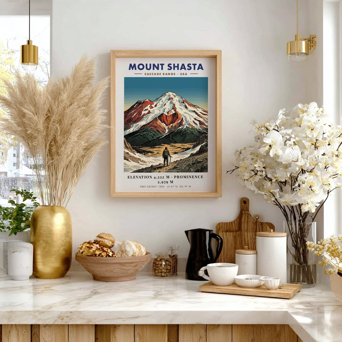 Poster featuring a climber looking at Mount Shasta with snowy peaks and forests.