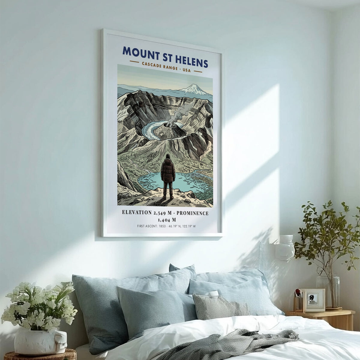 Poster featuring a hiker looking at the smoking Mount St Helens volcanic crater