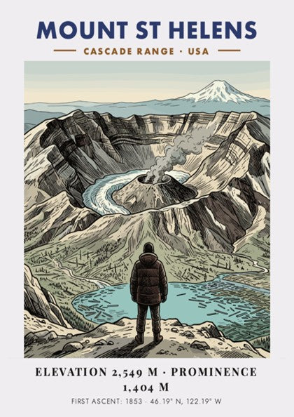 Poster featuring a hiker looking at the smoking Mount St Helens volcanic crater