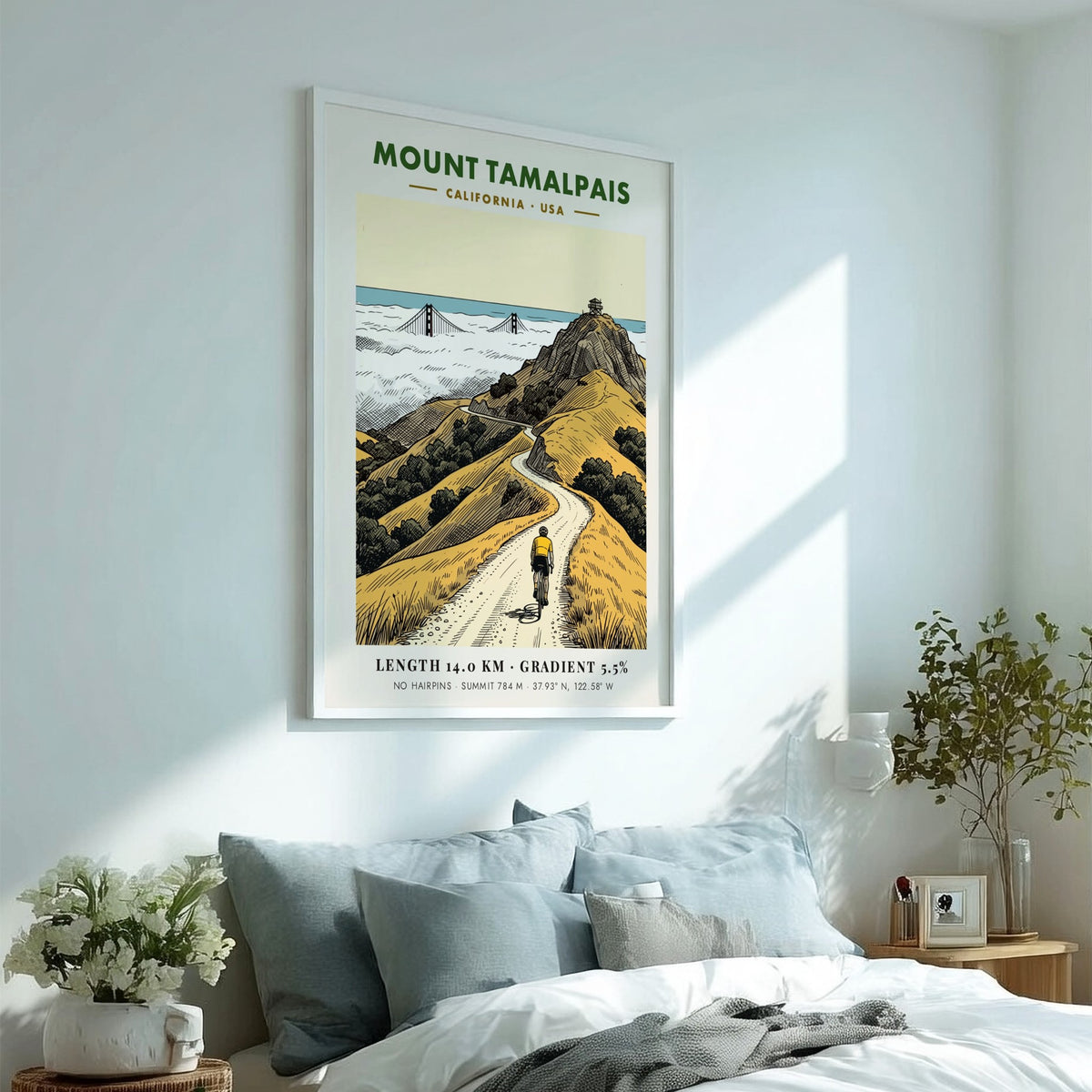 Poster of a cyclist riding toward the summit of Mount Tamalpais in California landscape