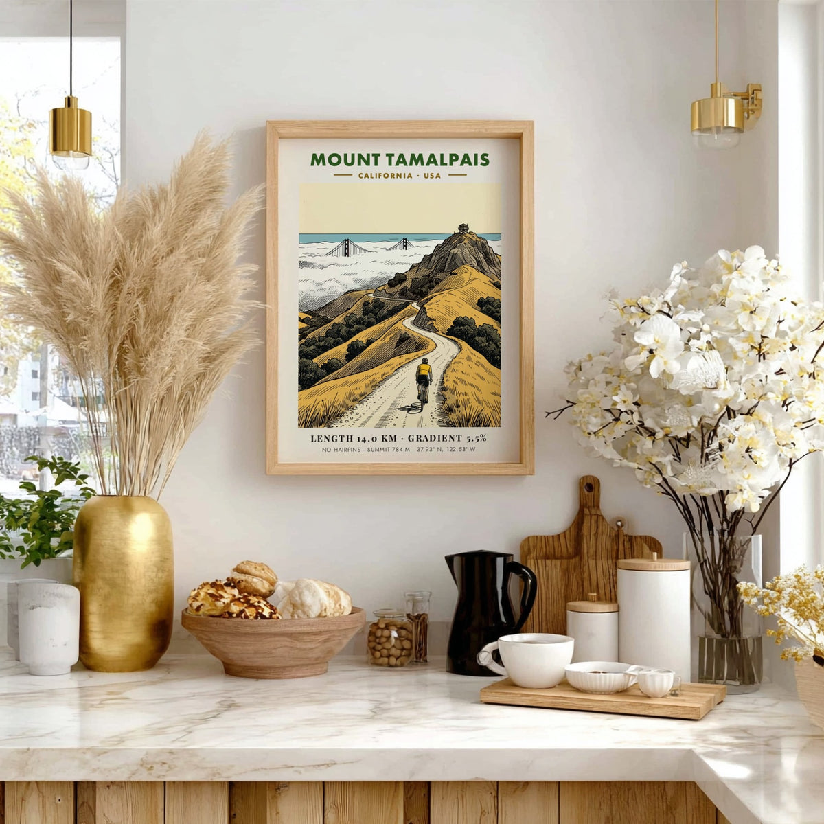 Poster of a cyclist riding toward the summit of Mount Tamalpais in California landscape