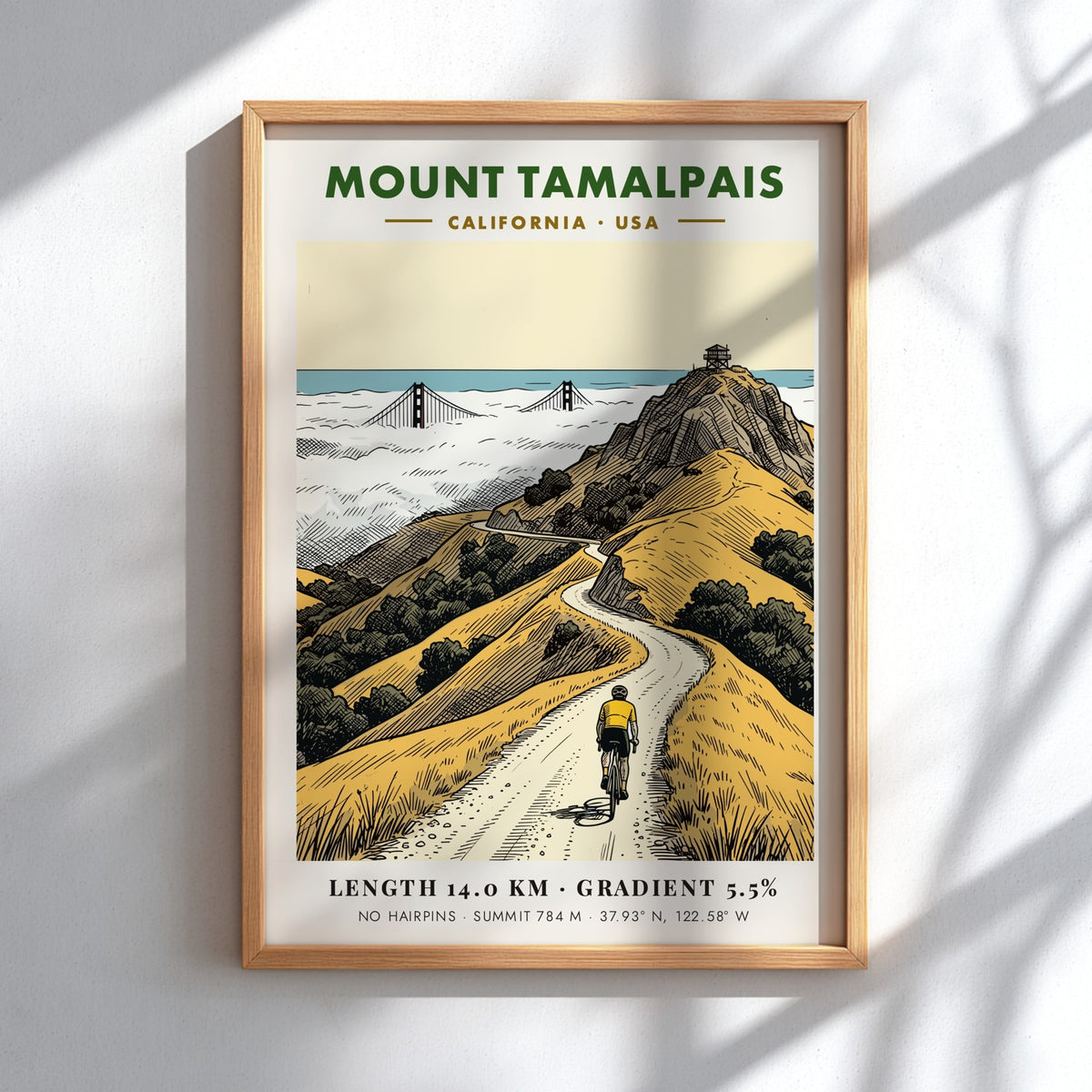 Poster of a cyclist riding toward the summit of Mount Tamalpais in California landscape