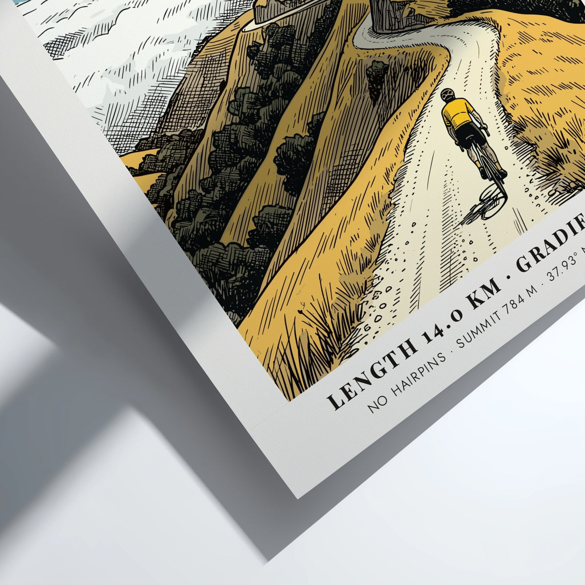 Poster of a cyclist riding toward the summit of Mount Tamalpais in California landscape