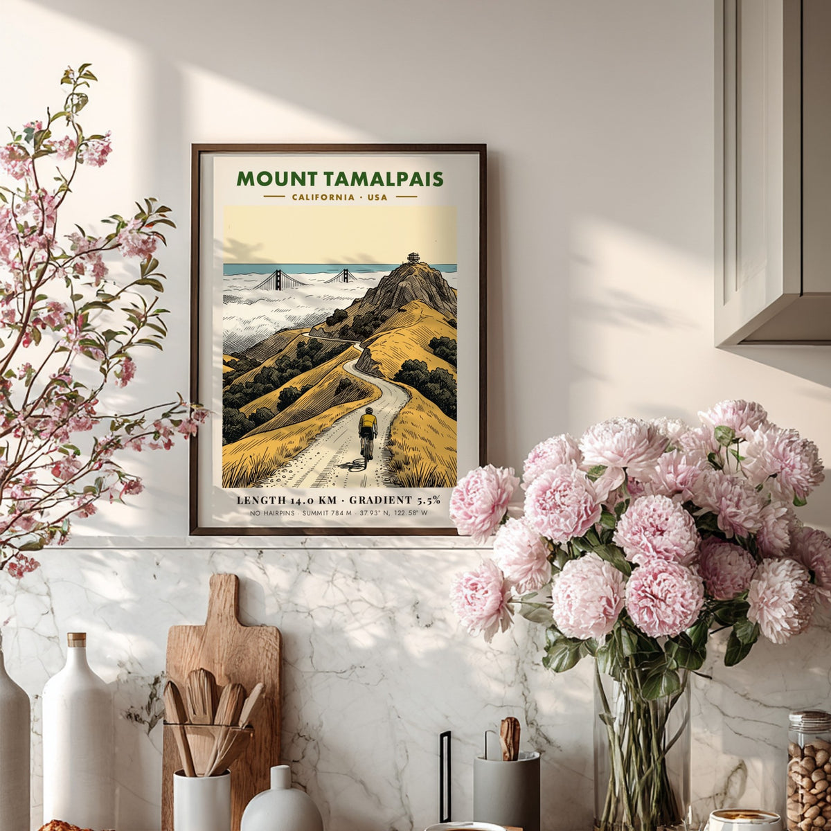 Poster of a cyclist riding toward the summit of Mount Tamalpais in California landscape