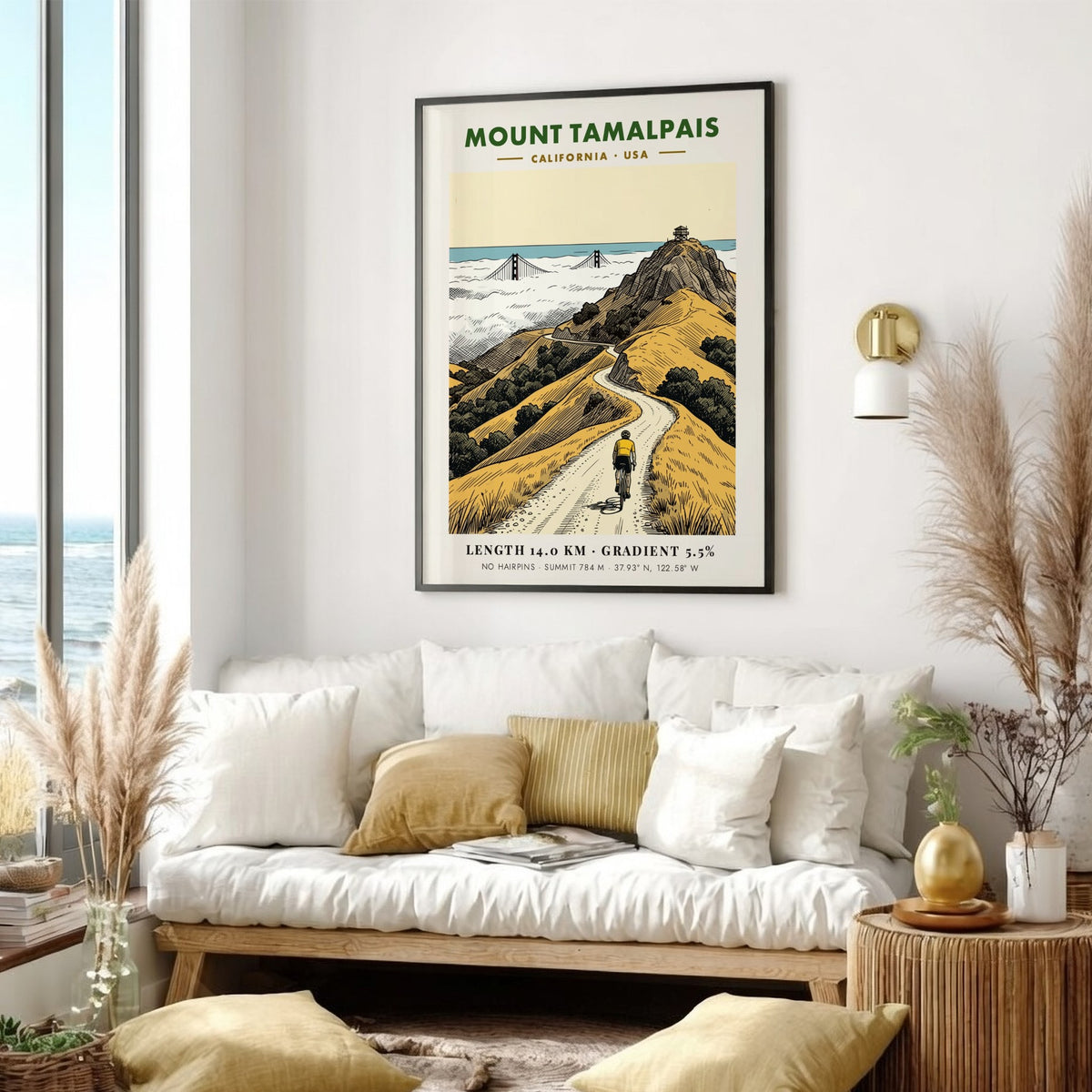 Poster of a cyclist riding toward the summit of Mount Tamalpais in California landscape