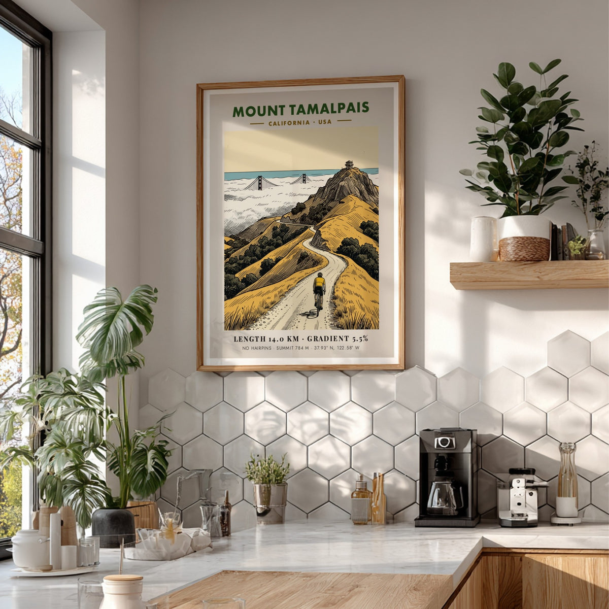 Poster of a cyclist riding toward the summit of Mount Tamalpais in California landscape